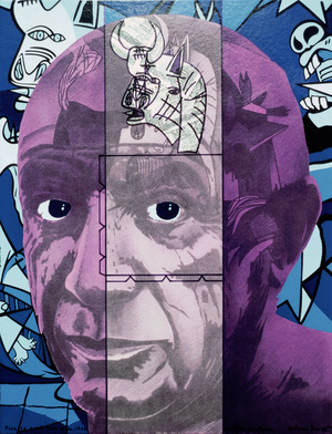PICASSO AMB FONS BLAU 1986 (Acrílic s/ taula, 80x60) Antoni Miró